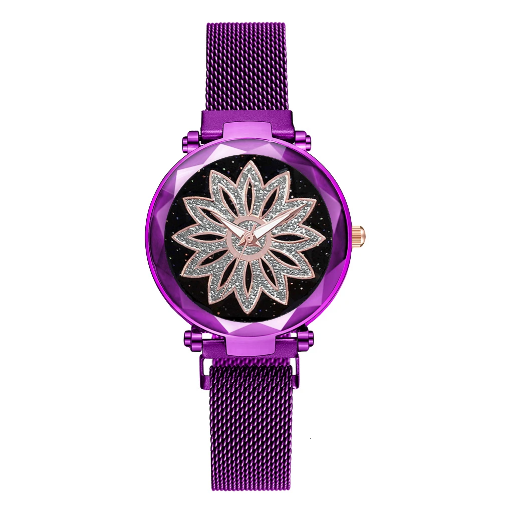 purple Женские часы на ремешке с цветочным узором, повседневные Роскошные Кварцевые наручные часы с магнитной пряжкой, Relogio Feminino - Цвет: purple