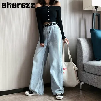 

2020 high waist wide leg pants women blue casual plus size mom boyfriend loose denim straight trousers striped palazzo pants