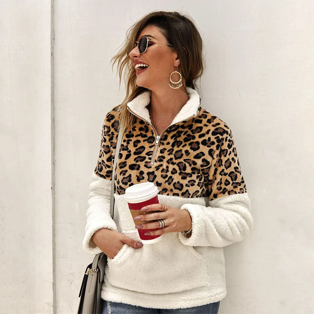 

Jumper Loose Women Hoodie Pullover Fashion Fall Leopard Patchwork Winter Fleece Zipper Long Sleeve Causal With Pockets Soft
