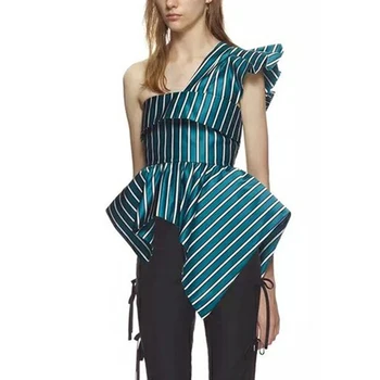 

2019 New Summer Fashion Striped Irregular Shirt Off Shoulder Ruffles Backless Tunic High Waist Zipper Blouse Female Plus Size