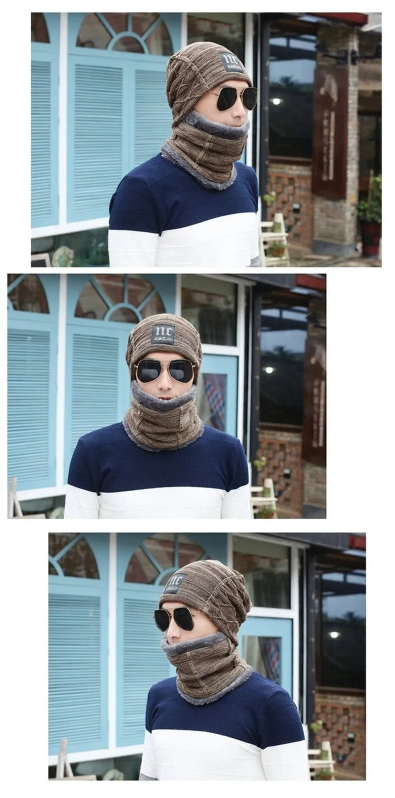 Популярные зимние вязаные шапки шарф Набор мужские однотонные теплые шарфы с капюшоном мужская зимняя уличная шапочка с меховым помпоном Шерсть набор шапки и шарфа