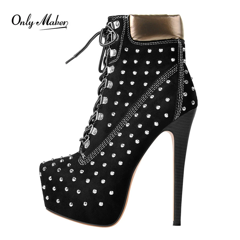 Onlymaker Top Quality Women's Rivet Booties Stiletto Shoes 16cm High Heel Platform Lace Up Spike