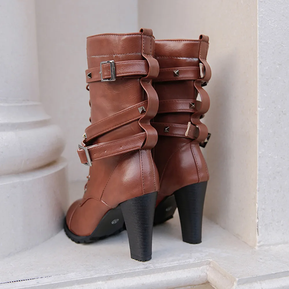 Женские пикантные мотоциклетные ботинки готичный панк стиль, с пряжкой, на ремешке, до середины икры, с заклепками, короткие сапоги Зимняя женская обувь на платформе и высоком каблуке