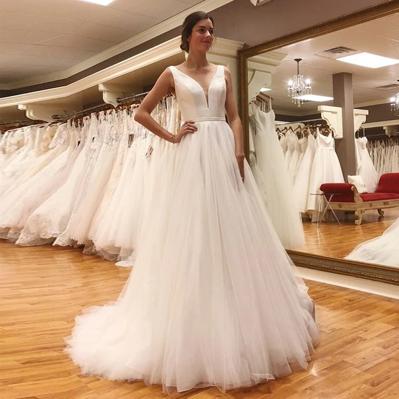 Sexy-V-neck-Beach-Wedding-Dresses-2019-Vestido-Noiva-Praia-Simple-White-Ivory-Tulle-Casamento-Sashes (3)