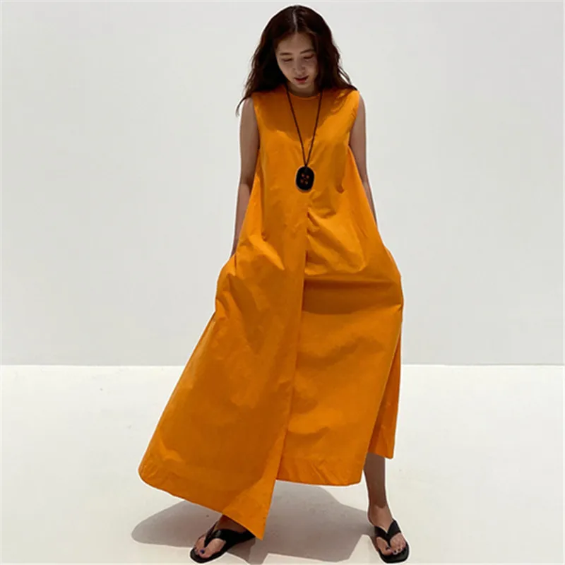 

IHOBBY Bright Orange Irregular Loose Long Dress Fashion Joker Sleeveless Spilt Back Lace Up Doll Casual Dress