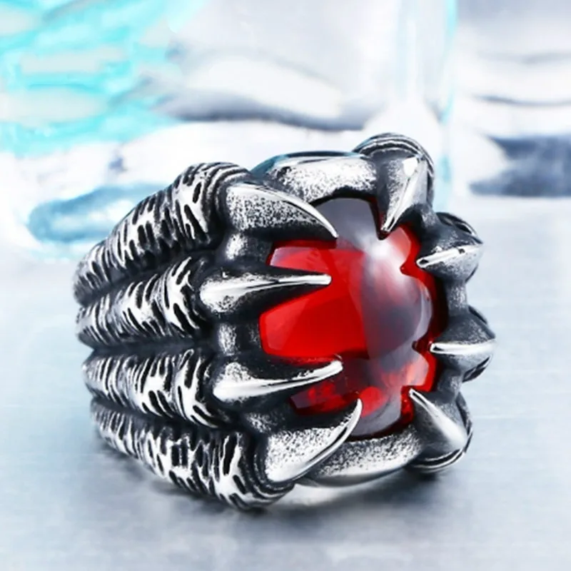 Retro Etnico Punk Gotico Cristallo Rosso Drago Artiglio Teschio Anello Personalità Uomo Rock Rider Accessori Gioielli
