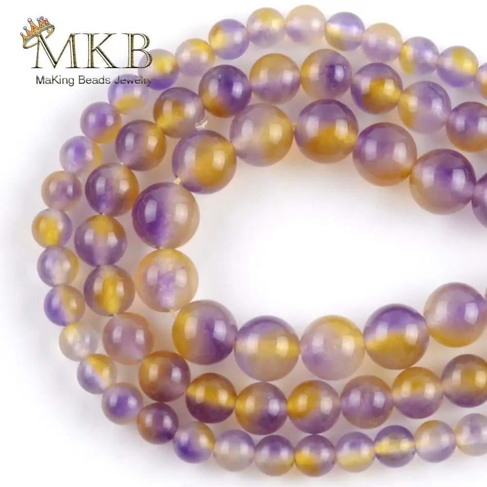 

6/8/10mm Natural Stone Ametrines Purple Yellow Crystal Spacer Round Loose Beads For Jewelry Making DIY Bracelet Jewellery 15"