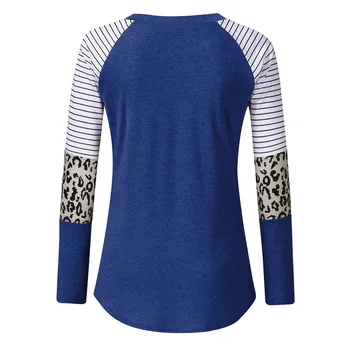 

Loose Comfortable Women Tops Daily Casual Splice Crew Neck Travel Leopard Stripe Soft Long Sleeve Spring Office Autumn