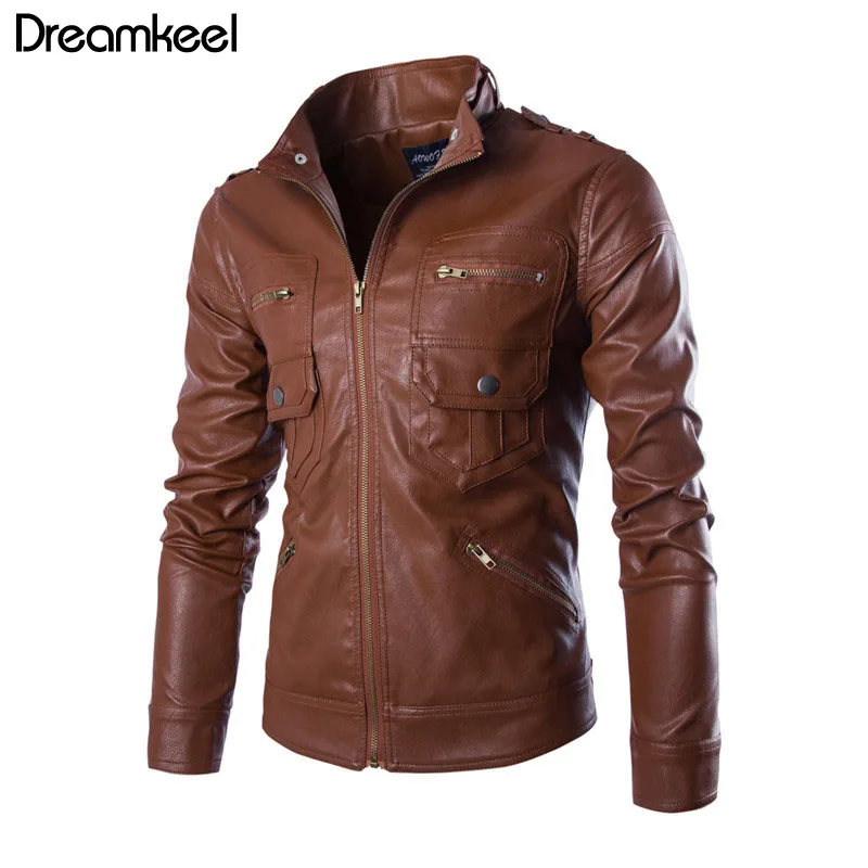 Vintage Mens Leather Jackets Men PU Faux Fall Winter Thin Coats Biker Punk Motorcycle Male Retro Jacket Stand Pockets Y | Мужская одежда