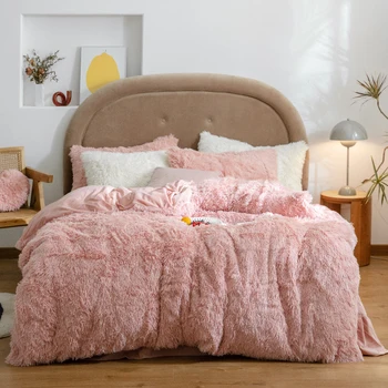 

Long Mink hair bedding set long hair +cashmere fleece duvet cover set thicken warm bed linen set (no filling) sweet pink bed set