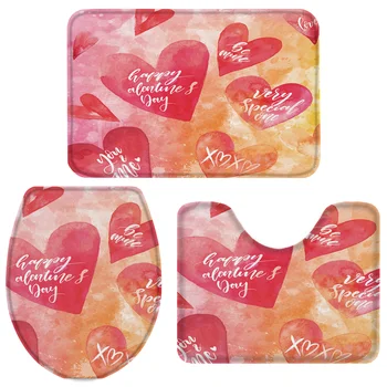 

3 Pieces Bathroom Set Watercolor Heart Design Durable Bath Set Toilet Cover Mat Pedestal Rug Non-Slip Bathroom Rug Set