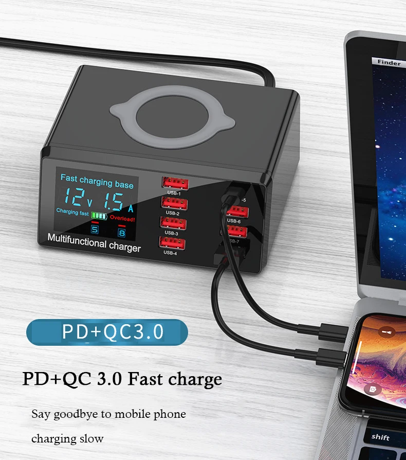 Купить Беспроводная 8-портовая USB-зарядное устройство Quick Charge PD ...