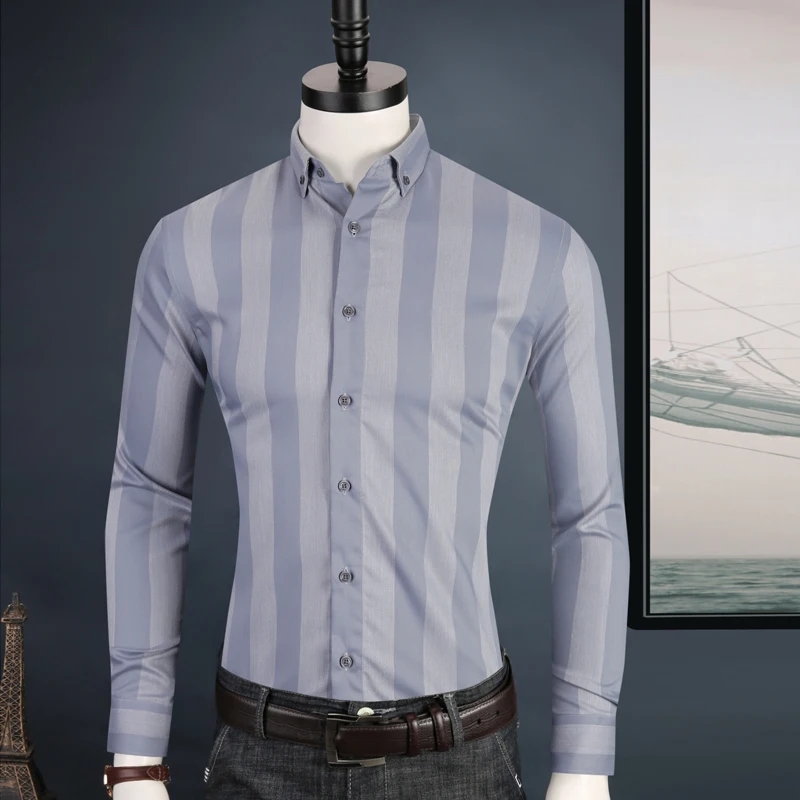 CAIZIYIJIA, новинка, Классическая, широкая, полосатая, удобная, Camisa Masculina, уличная, мужская, деловая, облегающая, с длинным рукавом рубашка