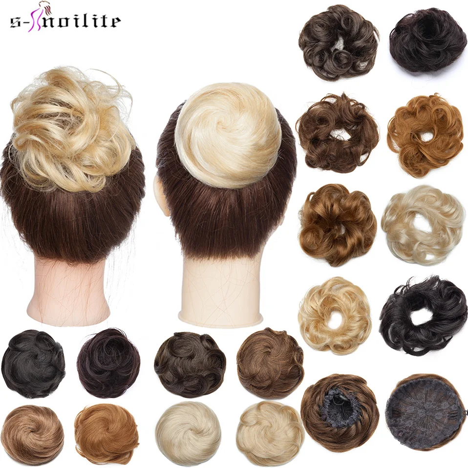S-noilite 30g 100% cabello humano Real bollo de pelo rizado de paquete Scrunchies recogidos moño de rosquilla extensiones de cabello de cola de caballo