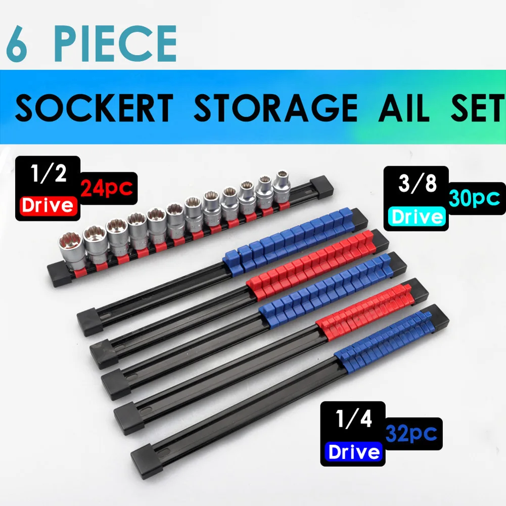 6PCS/set Socket Rack Storage 1/4" 3/8" 1/2" Divider Rail Tray Holder Brackets Shelf Stand Tool Organizer Socket Wrench Storage