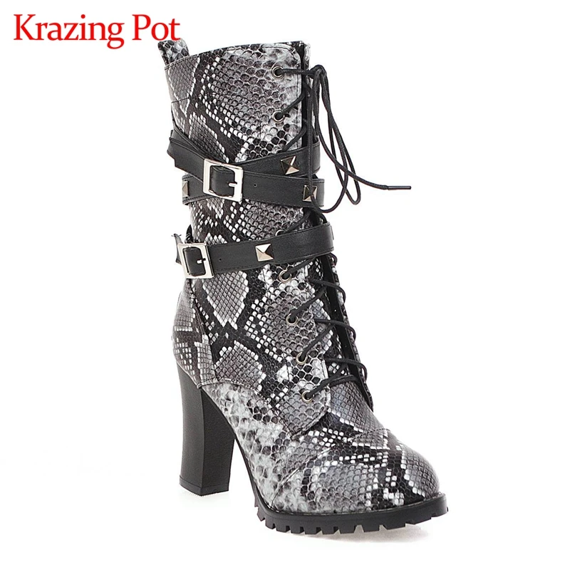 

Krazing pot snake patterns PU leather lace up metal rivet round super high heels elegant dating party winter mid-calf boots L9f5