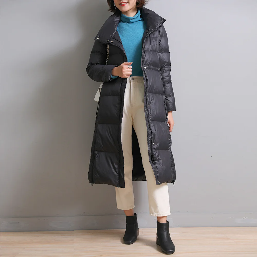 Женская длинная куртка на белом утином пуху, Женское зимнее пуховое пальто с высоким воротником, теплые парки, зимняя верхняя одежда, Женское пальто размера плюс - Цвет: Черный