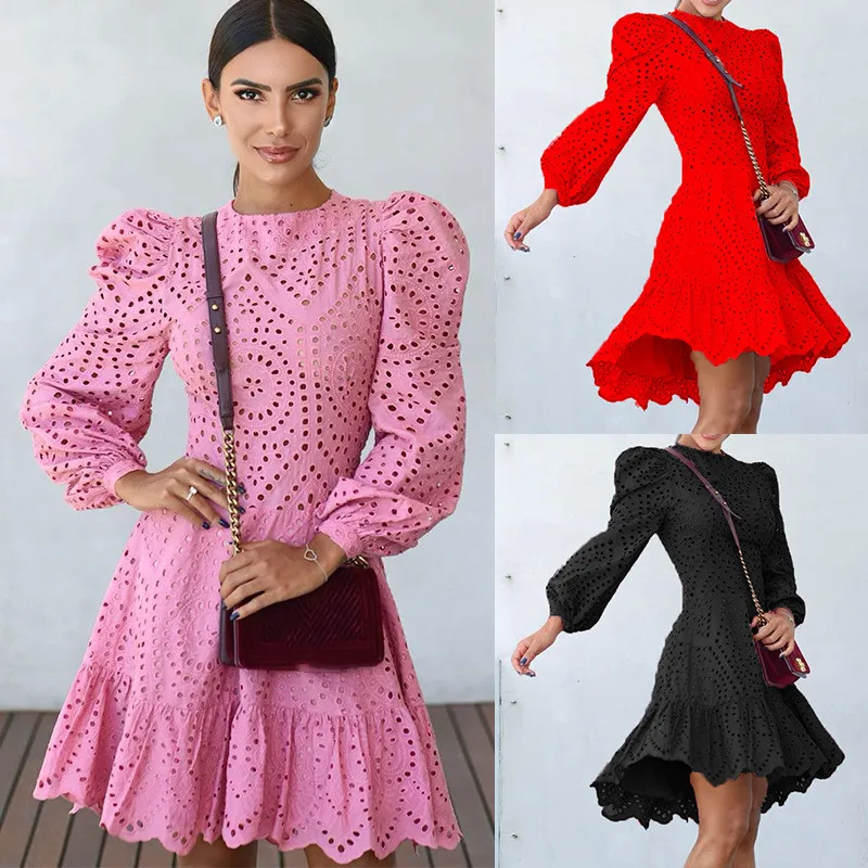 

2020 Autumn Latest Women Elegant Solid O-Neck Full Puffy Sleeves Mini Dress Fashion Skinny Hollow Out Dresses With Ruffles