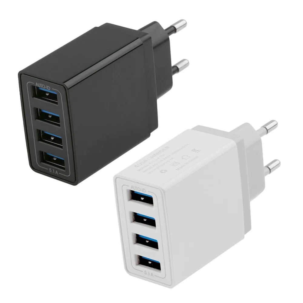 

4 Ports USB Charger Adapter US EU Plug Mobile Phone Charger four USB Port 5V 5.1A Travel Fast charging Charger Indicator Light
