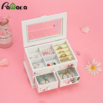 

7 Grid Wooden Jewelry Box with 2 Drawer Printed Cosmetic Box Make up Storage Holder Desktop Organizer Space Saver Container