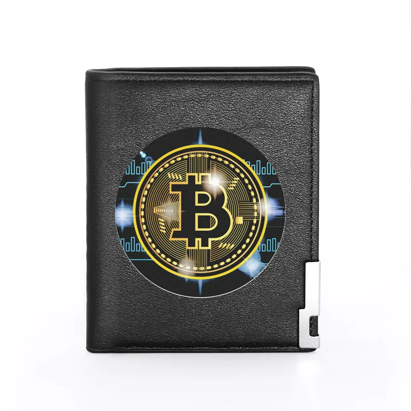 Мужской кожаный кошелек двойного сложения с принтом биткоинов тонкие держатели