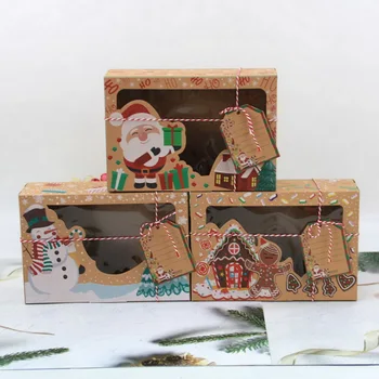 

12/24pcs Kraft Paper Christmas Cookie Gift Boxes With Clear Window 22*15*7cm New Year Favors Boxes For Cookies Treats