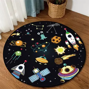 

15Cartoon Space Planet Round Carpet Blue Black Spacecraft Rocket 3D Printed Childrens Rug Soft Non-slip Floor Carpet For Bedroom