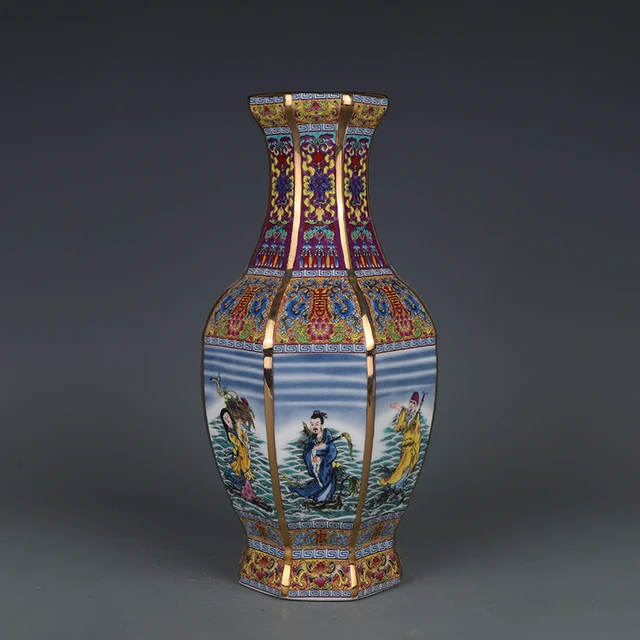 Qianlong Pastel Eight Immortals Figure Octagonal Vase Jingdezhen Antique Porcelain Vase Home Chinese Ornaments 2