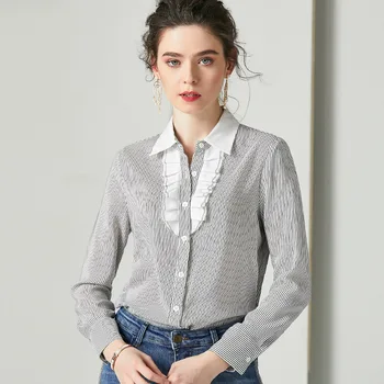 

grey striped silk blouse for women high quality long sleeve plus size sexy casual office dress shirts clothes dropshipping