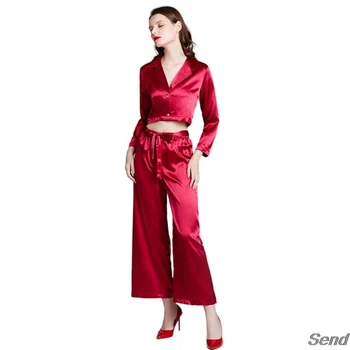 

Women Shiny Silky Pajamas Set Long Sleeve Notched Crop Top Pants Solid Sleepwear T4MD
