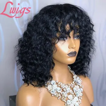 

Short Bob Curly Lace Front Wig With Bangs 180% Density Brazilian 4X4 Lace Closure Wig With Bangs Bleached Knots For Black Women