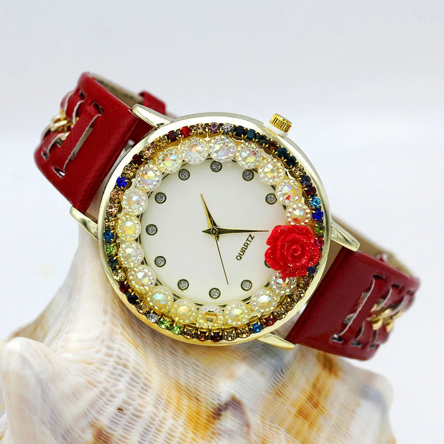 Girl Watch Rhinestone Sparkling Clock Women Dress Rose Ladies Flower Sweet Strap Hand-Knitted