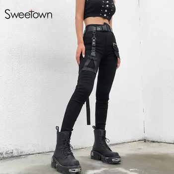 

Sexy New Black Punk Gothic Skinny Denim Pants Women Moto & Biker Streetwear Patchwork Pockets High Waist Trousers With Sashes