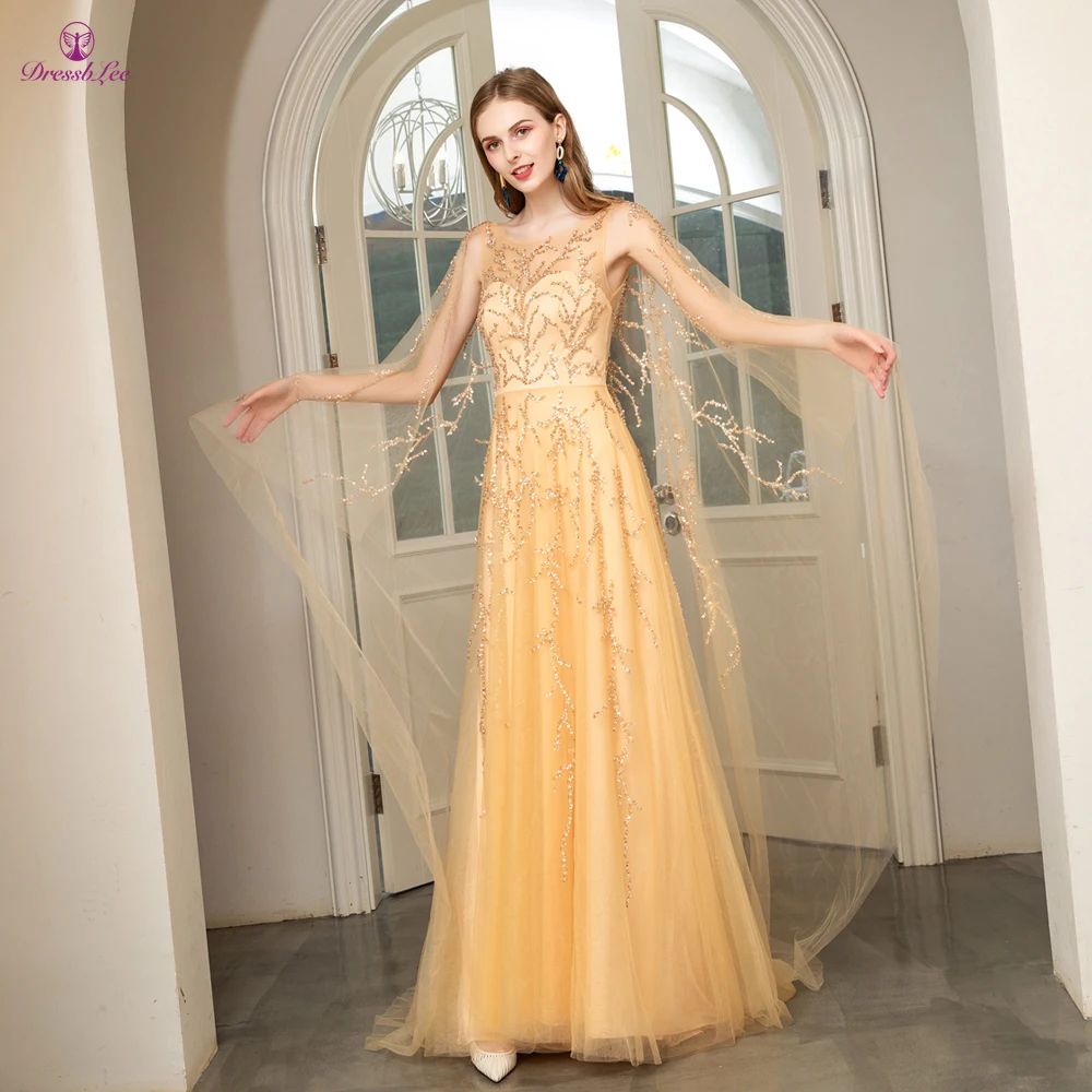 

DressbLee Sparkly Long Prom Dress With Jacket Full Beaded Crystal Sequined Gold Prom Dresses Dubai Style Formal Party Gown