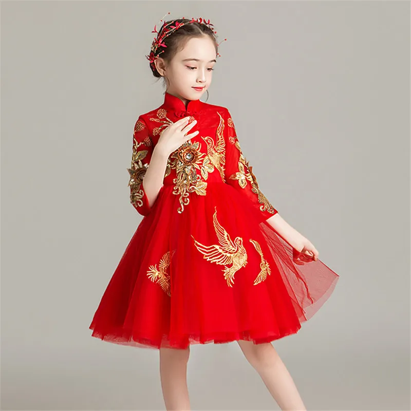 red short dress Элегантное платье принцессы в китайском стиле с воротником-стойкой и вышитыми цветами на год, вечеринку, день рождения, свадьбу, выпускной вечер - Цвет: red short dress
