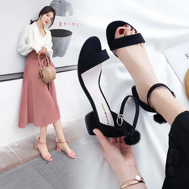 

Sandals Female Summer 2019 New Style A- line Buckle Women's Chunky-Heel All-match Bag with Peep-Toe Students Semi-high Heeled Sq