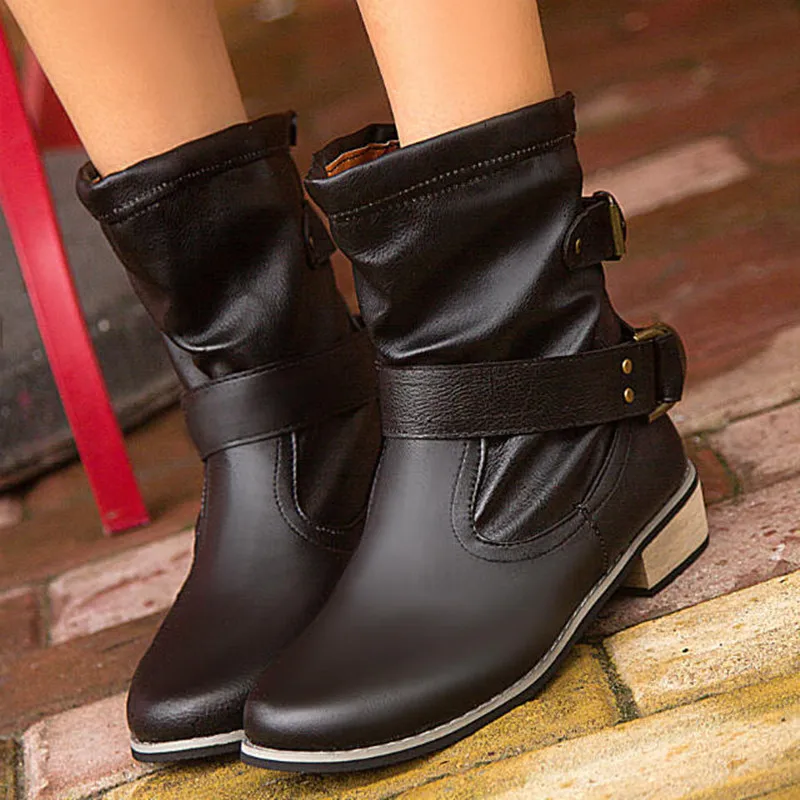 

2018 Autumn And Winter Belt Buckle Europe Head Low Heel Tube New Style Dollars Large Size Four Seasons Martin Boots Adult