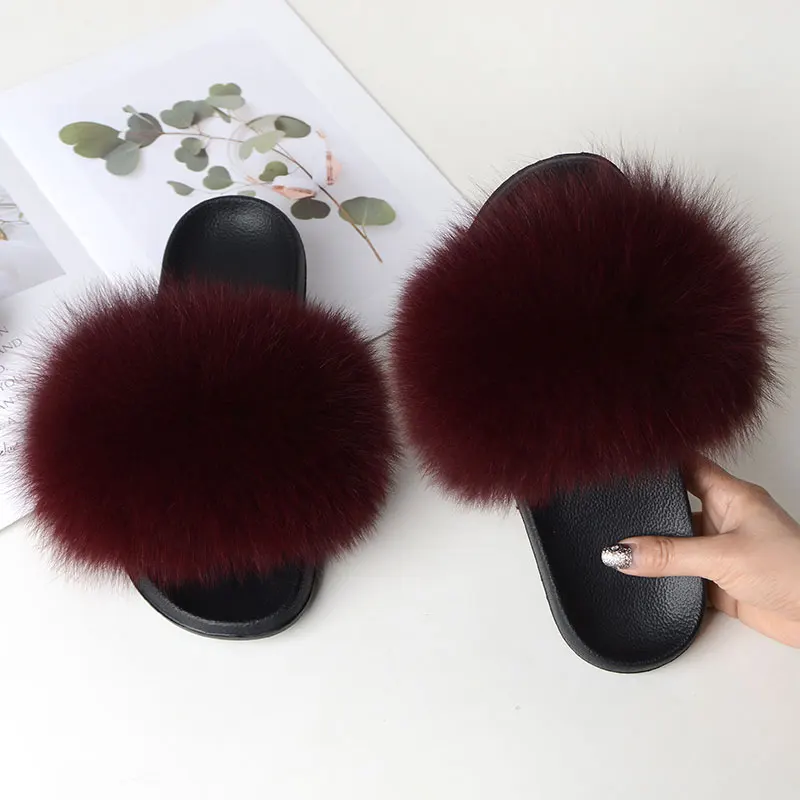 winter indoor slippers Women Summer Casual Fluffy Slippers With Fur Flat Non-Slip Real Fox Fur Furry Slides Large Size Shoes Fur Sandals Free Shipping best indoor sandals Indoor Slippers