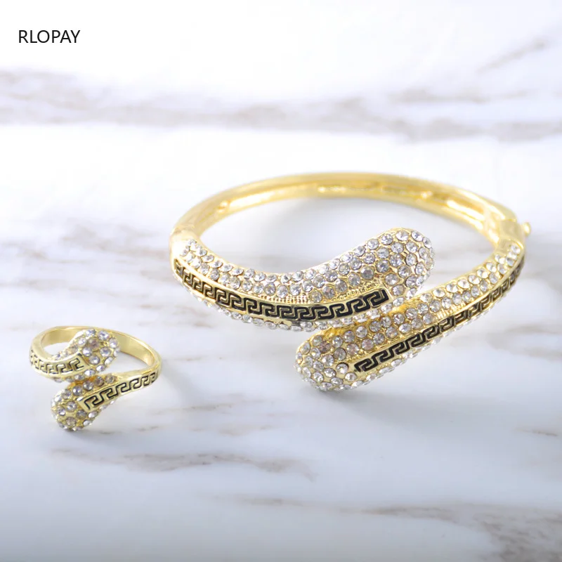 

New Fashion Ladies Hand Bangles Great Wall Lines Design Gold Bracelet and Ring Set Open Cuff Bracelet Bangles with Crystals