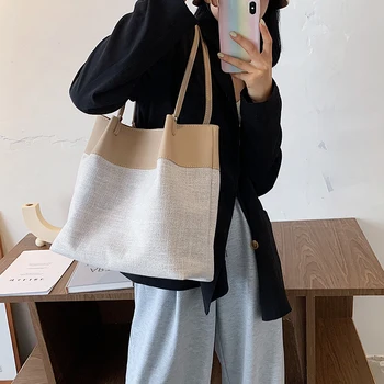 

Retro Canvas PU Patchwork Bag For Women 2020 Casual Messenger Shoulder Lady Bags High Capacity Tote Female Travel Bucket Handbag