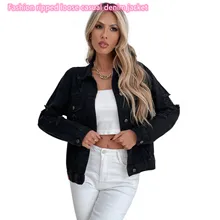 

Women's Denim Jacket Casual Loose Retro Long Sleeve Lapel Spring and Autumn Personality Short Ripped Denim Jacket Free Shipping