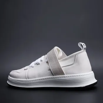 

Genuine Leather White Brand Men Sneakers Elastic Band Casual Flats Black Luxury Trainers Round Toe Business Cowhide Shoes