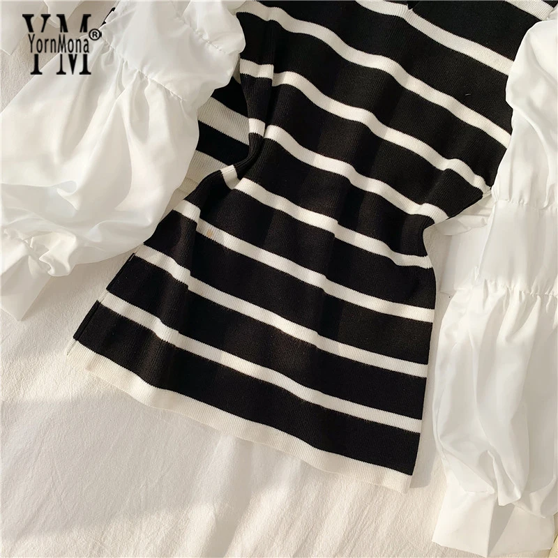 Jornmona/винтажная модная Готическая блузка с длинными рукавами-фонариками для женщин в Корейском стиле; топ в полоску; рубашка; Элегантная трикотажная блузка принцессы