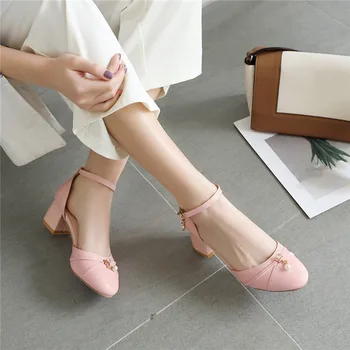 

YQBTDL Summer Ankle Strap Womens Shoes Heels Cross Line Bead White Pink Black Office Daily Dress Lolita Shoes Chunky Heel Pumps