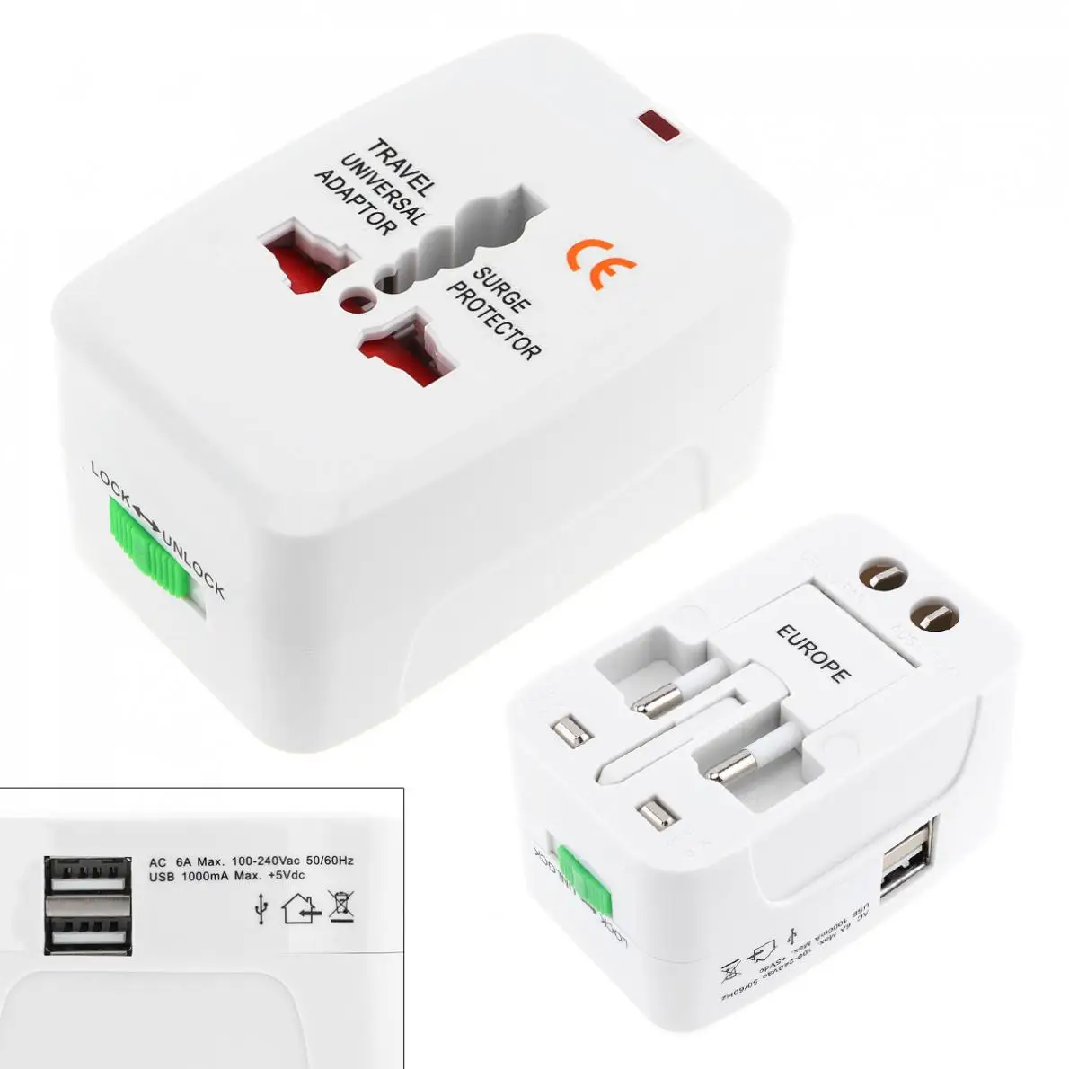 Белый Универсальный адаптер для путешествий с двойным usb-портом питания