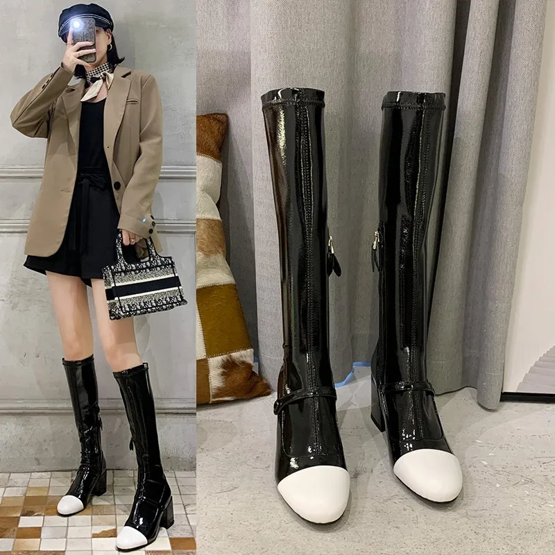 Botas de charol con costuras blancas y negras para mujer, botines elegantes  de tacón grueso, Estilo Princesa hasta la rodilla, otoño e invierno, 2021| Botas hasta la rodilla| - AliExpress