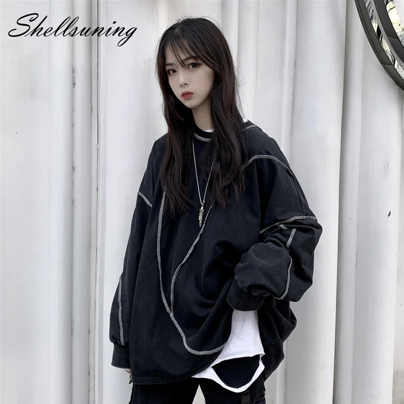 Shellsuning, Женская толстовка, в виде рыбьей чешуи, в полоску, негабаритных размеров, Harajuku, пуловер, однотонный, мягкий, без толстовки, с капюшоном, женский джемпер, Ulzzang