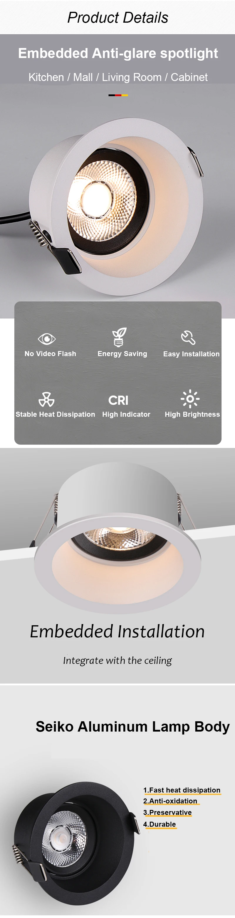 colored flood lights CRI90 Anti-glare LED 5W 7W 10W 12W Embedded Ceiling Downlight Round Spotlights Recessed Led Indoor Ceiling Light For Jewelry 50w led light