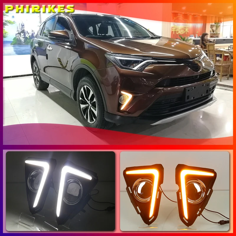 

1 Set 12V ABS Car LED DRL Daytime Running Light Led Fog Lamp Cover With Trunning Yellow Signal For RAV4 2016 2017 2018