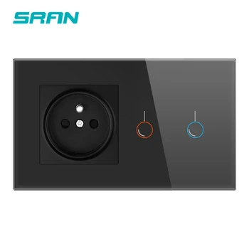 

SRAN French touch sensor Switch with socket crystal glass panel 170~250V 16A 146*86 wall Socket with Light Switch 2Gang 1way